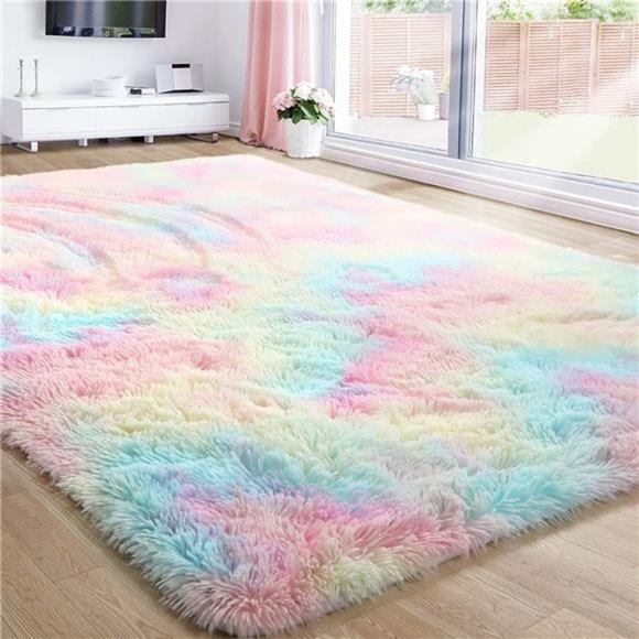 Rainbow Fluffy 6x9 Rug Girls Bedroom Room Decor, Shag Carpet for Nursery - Picture 1 of 6